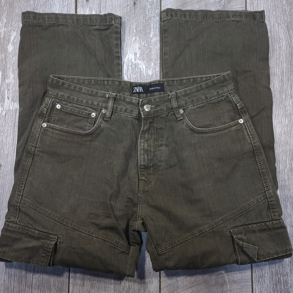 Zara Cargo Pants Mens 34x32 Olive Green Denim Straight Leg Utility Workwear - Picture 3 of 7